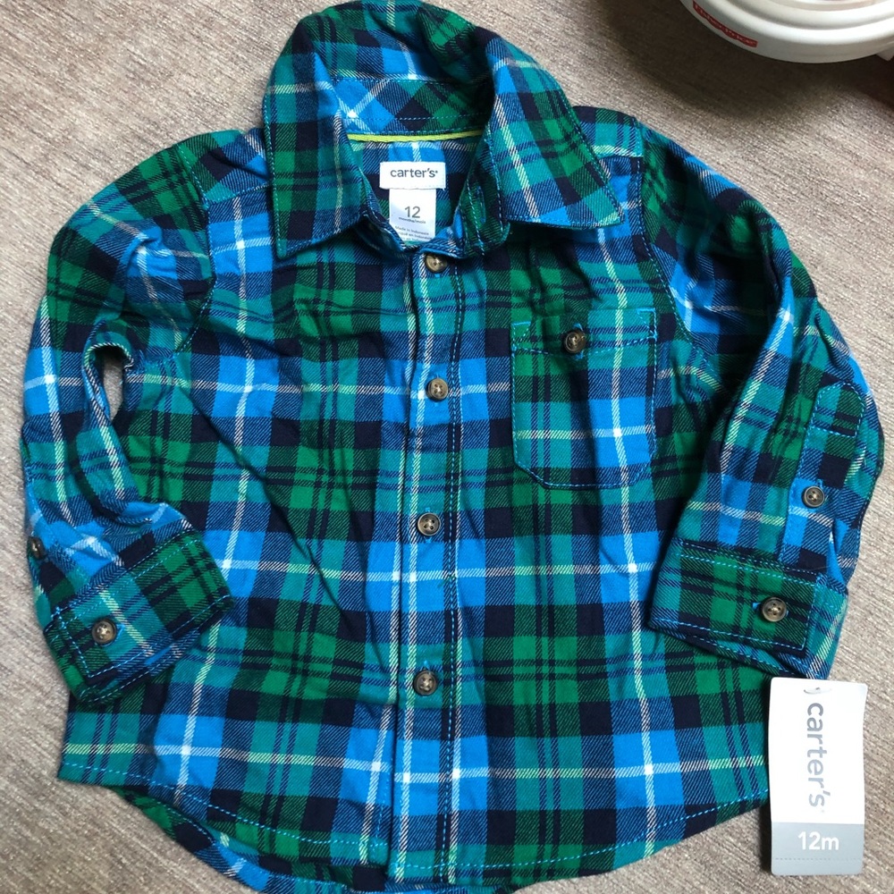 Baby Boy Navy and Green Check Plaid Flannel